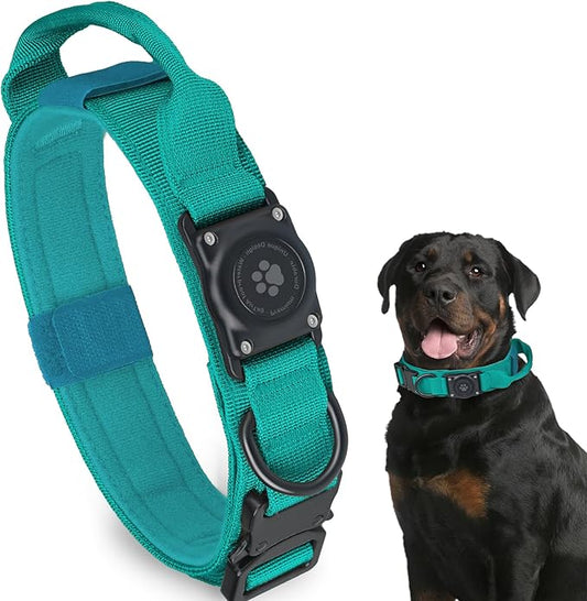 Tactical AirTag Dog Collar, 100% Waterproof Integrated Apple Air Tag Dog Collars with Hard PC AirTag Holder, Adjustable Military Collar with Handle, GPS Dog Collar for Medium Large Dog (Blue, M)