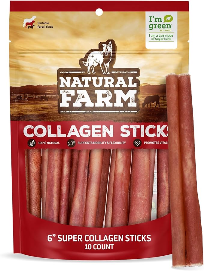 Natural Farm Odor-Free Super Collagen Dog Chews (6-Inch, 10-Pack) The First Ever Real Bull Sticks Alternative: 100% Natural Angus Hide Collagen Treats - More Protein, More Chew Time for All Dogs