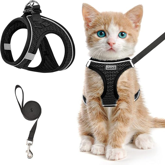Cat Harness and Leash for Walking Escape Proof, Adjustable Kitten Vest Harness Reflective Soft Mesh Puppy Harness for Outdoor, Comfort Fit, Easy to Control (Black, XXS)