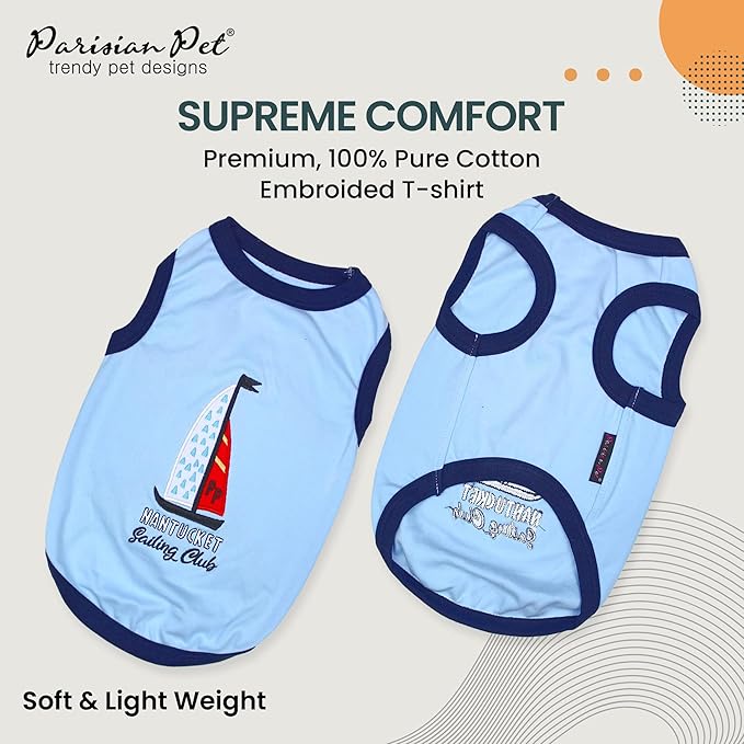 Parisian Pet Dog Tshirt - Embroidered “Sailing Club“ Lightweight Tank Top - 100% Cotton Dog Summer Clothes - Sleeveless Tee Shirts for Large Dogs - Pet Vest - L