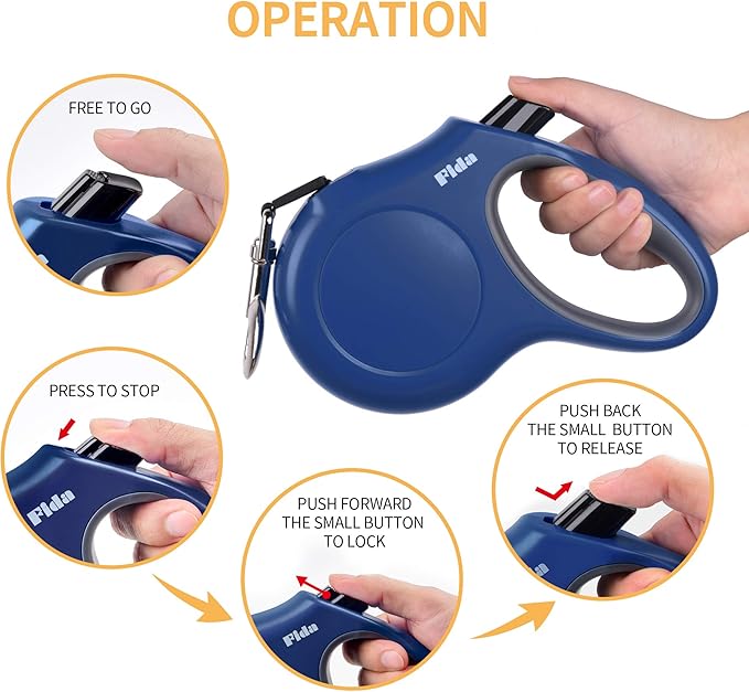 Fida Retractable Dog Leash, 16ft Heavy Duty Pet Walking Leash for Small/Medium Dog or Cat up to 44 lbs, Tangle Free. One-Hand Brake (Medium, Navy Blue)