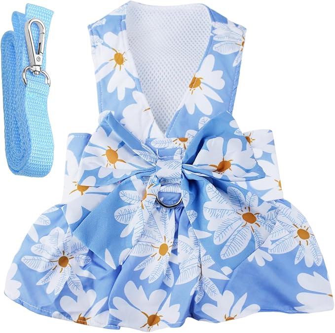 Dog Dress Bowknot Harness Leash Set for Small Girl Dogs Blue Daisy Floral Dog Cat Clothes Cute Puppy Outfits Pet Clothes Spring Summer Breathable Dresses(X-Small)