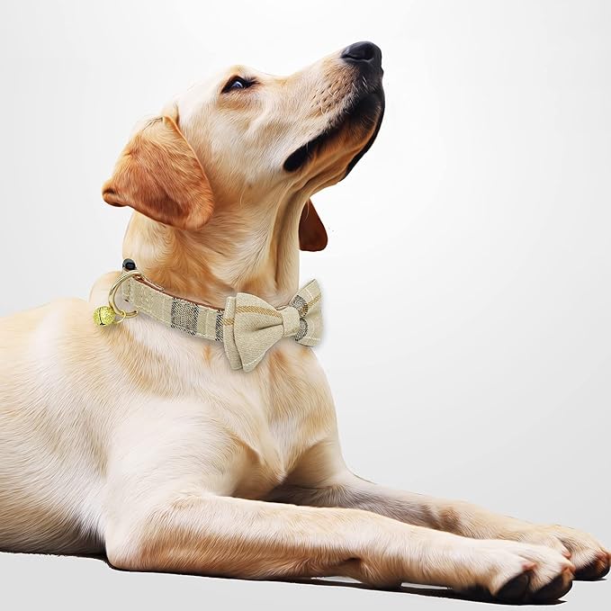KUDES 2 Pack/Set Dog Collars with Bow Tie and Bells, Adjustable Cute Dog Bow Ties Collar for Small/Medium/Large Boys and Girls Pets (Beige & Brown, M(11.8''-17.8''))