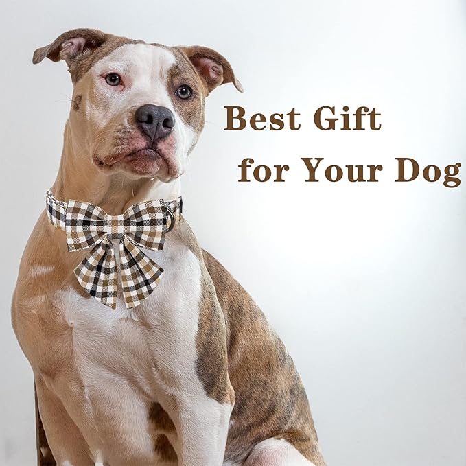 Unique style paws Christmas Dog Collar with Bow Tie Brown Plaid Puppy Collar for Small Medium Large Dogs as Autumn Winter Pet Gifts-XL