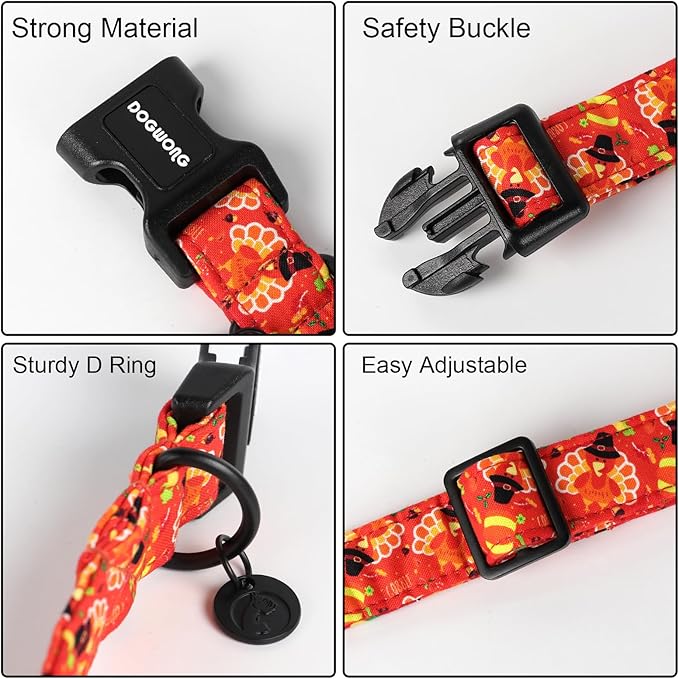 DOGWONG Cotton Dog Collar, Heavy-Duty Fall Dog Collar Durable Soft Fabric Pet Dog Collars Cute Halloween Puppy Necklace for Small Medium Large Dogs