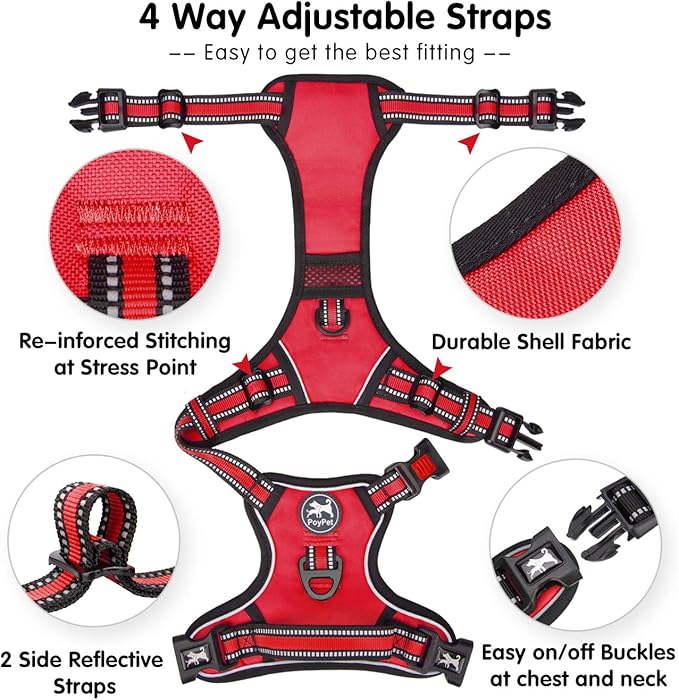 PoyPet No Pull Dog Harness, [Release on Neck] Reflective Adjustable No Choke Pet Vest with Front & Back 2 Leash Attachments, Soft Control Training Handle for Small Medium Large Dogs(Red,XL)