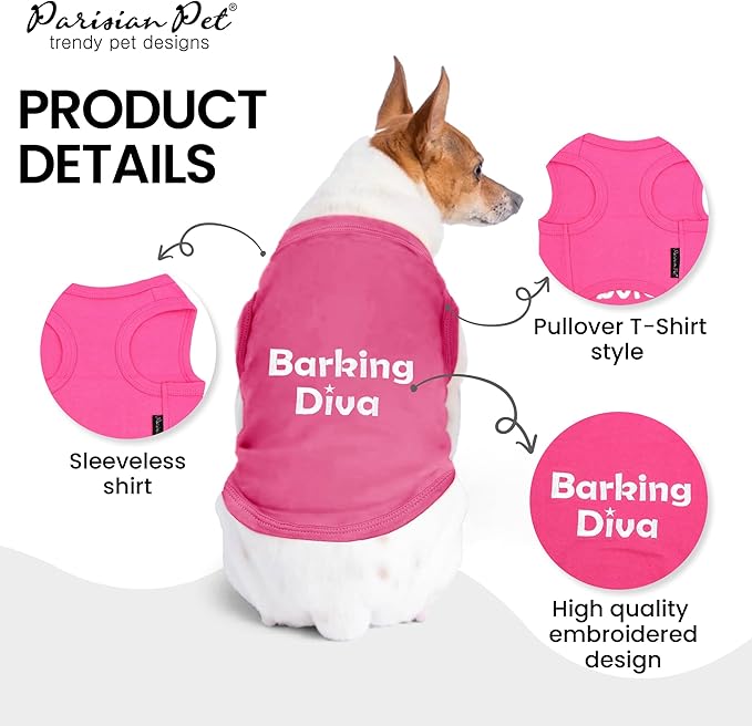 Parisian Pet Dog Tshirt - Embroidered “Barking Diva“ Girl Dog Clothes - Breathable and Lightweight Pet Vest - Sleeveless Pink Tee Shirts - Machine Washable Shirt for Large Dogs - 2XL