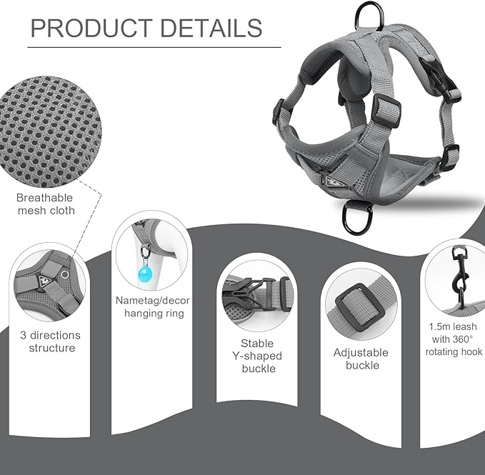 Vest Harness Leash Set for Small Dog Large Cat Outdoor Walking, Upgraded Escape Proof Adjustable Jacket with Lead for Puppy Fat Cat, Soft Breathable Mesh Coat with Reflective Strip, XL Gray