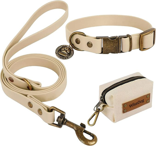 Wisedog Dog Collar and Leash Set Combo: Adjustable Durable Pet Collars with Dog Leashes for Small Medium Large Dogs, Includes One Bonus of Poop Bag Holder (XS, Sand Color)