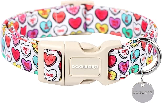 DOGWONG Valentine's Dog Collar, Adjustable Durable Heart Candy Dog Collar for Small Medium Dogs