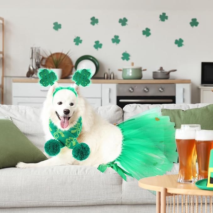 3 Pcs St Patrick's Day Dog Costume Set Including Sequins Shamrock Headband St. Patrick's Day Dog Tutu Dress Cute Pet Tutu Green Irish Pet Scarf for Medium Dogs Holiday Outfit Accessory