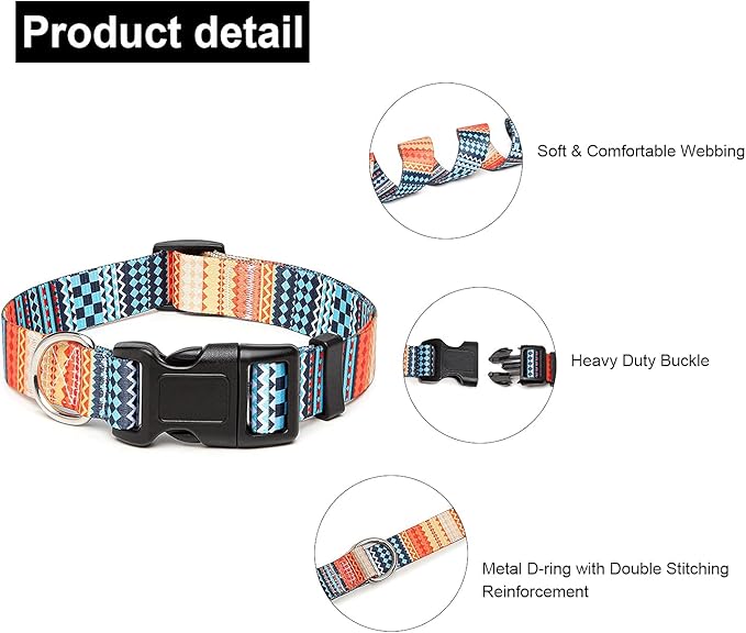 Adjustable Dog Collar with Patterns, Ultra Comfy Soft Nylon Breathable Pet Collar for Small Medium Large Dogs (S, Bohemian Orange)