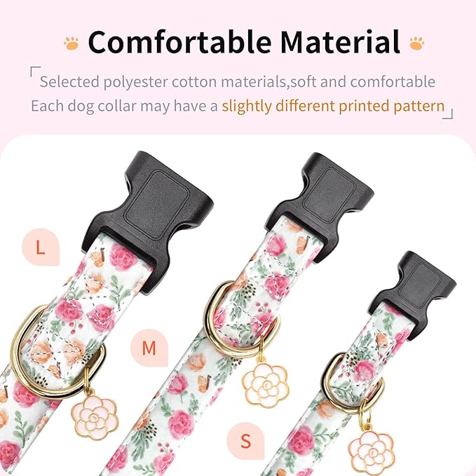 Cotton Dog Collar,Adjustable Cute Puppy Collar with Moon Patterned Design for Small Medium Large Dogs,Soft and Fancy Pet Collar with Safety Buckle for Girl Boy Dogs (Pink Flower, L)