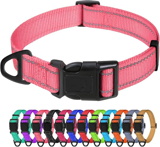 TagME Small Dog Collars, Adjustable Reflective Nylon Pet Collar with Quick Release Buckle for Small Dogs, Baby Pink, 5/8" Width