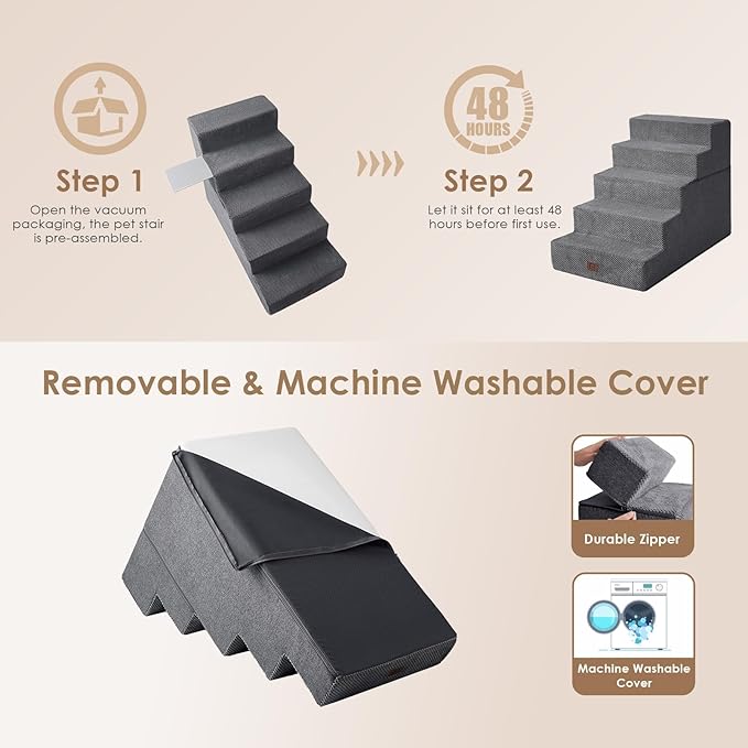 EHEYCIGA Dog Stairs for High Bed 25”H, 5-Step Extra Wide Dog Steps for Bed, Pet Steps for Small Dogs and Cats, Non-Slip Balanced Pet Ramp, Grey