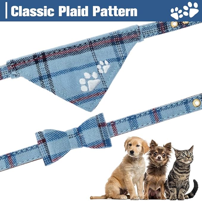 EXPAWLORER Dog Collar and Leash Set - Embroidery Pawprints Plaid Dog Collar and Dog Leash Set, Bow Tie and Bandana Dog Collar, Adorable Collar and Leash for Dogs Cats Outdoor Walking, Blue M