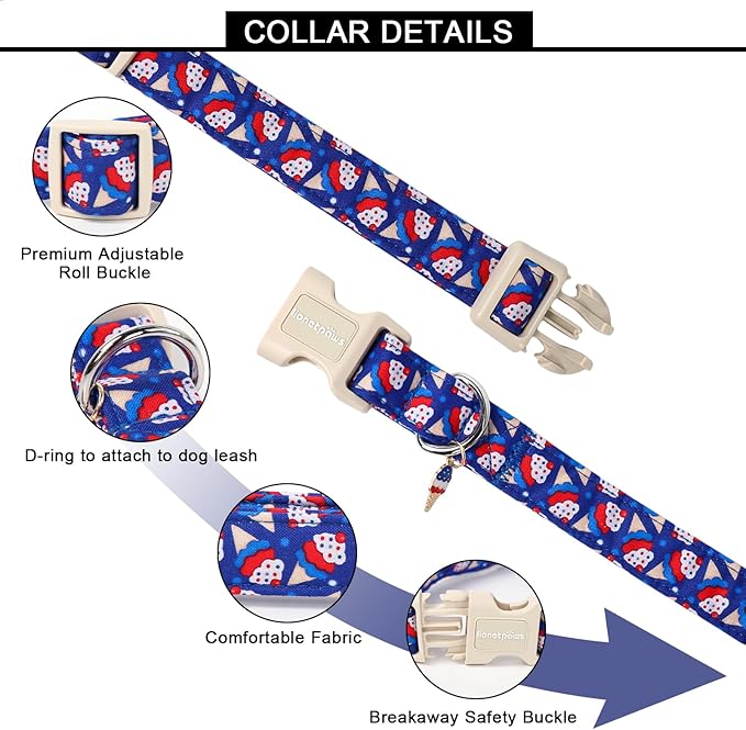 Lionet Paws 4th of July Dog Collar- Cute Blue Red Sundea Dog Collars with Plastic Buckle, Light Adjustable Dog Collars for Medium Dogs