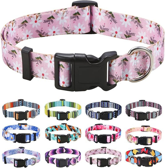 Dog Collar with Bohemia Floral Tribal Geometric Patterns - Soft Ethnic Style Collar Adjustable for Small Medium Large Dogs (Pink White Flower,XS)
