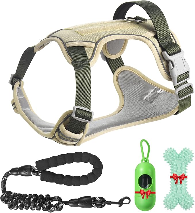Dog Harness Adjustable Reflective Easy Control for Medium/Large Dog Harness with A Free Heavy Duty 5ft Dog Leash (XL (Neck: 23.6"-31", Chest: 26.7"-36.6")(Khaki, Extra Large)
