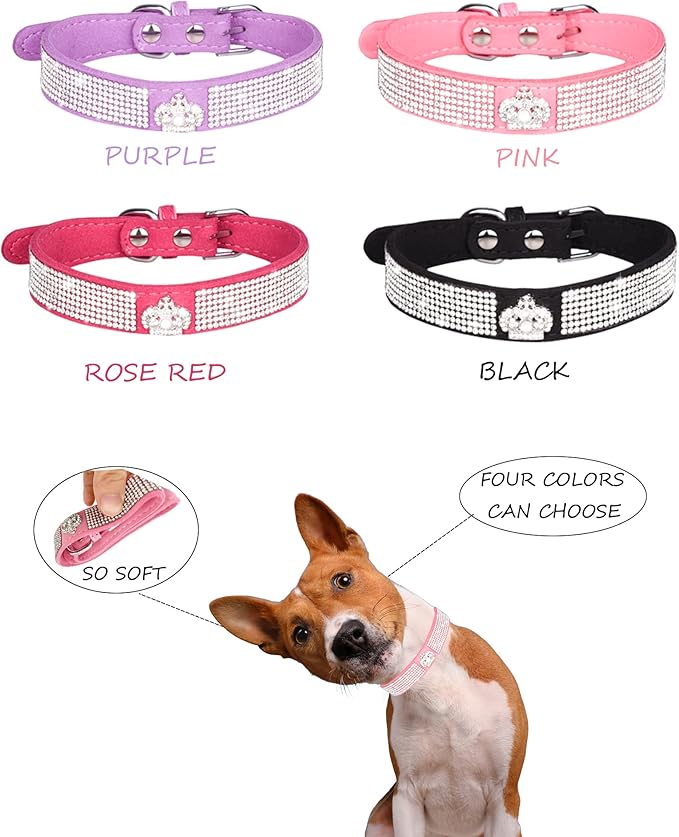 Dog Collar for Small Dogs, Adjustable Leather Suede Bling Dog Collars，Pink Dog Collar Cat Collar, Rhinestone Dog Collar (M, pink3)