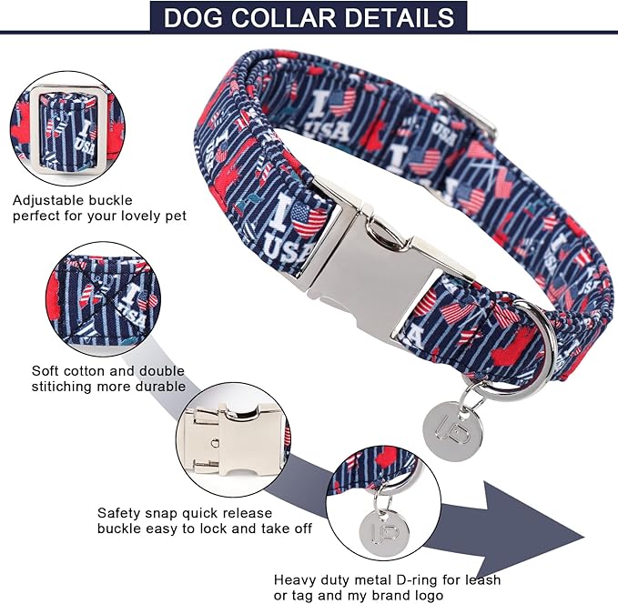 Patriotic Dog Collar, 4th of July Dog Collar, American Flag Collar for Puppy Boy Girl Dog or Cat, Comfortable Summer Collar with Metal Buckle, XS, Neck 8-12in, HeartFlag CC