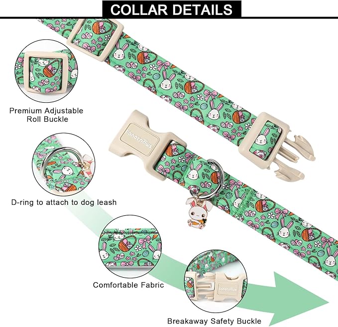 Lionet Paws Easter Dog Collar- Cute Green Eggs Dog Collars with Plastic Buckle, Light Adjustable Dog Medium Collars with Rabbit Pendant for Medium Dogs