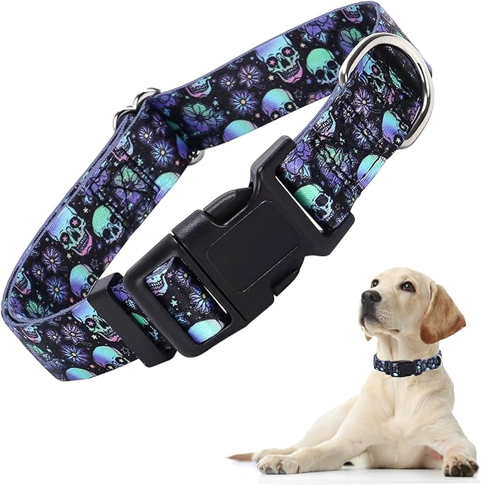 Dog Collars for Medium Boy and Girl Dogs, Adjustable Soft Skull Patterns Dog Collar with Quick Release Buckle for XS Small Medium Large Dogs (Skull M)