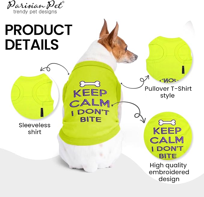 Parisian Pet Dog Tshirt - Embroidered “Keep Calm I Dont Bite “ Dogs Apparel - Breathable and Lightweight Doggy Clothes - Sleeveless Dog Tee Shirts - Machine Washable Shirts for Medium Dogs - M
