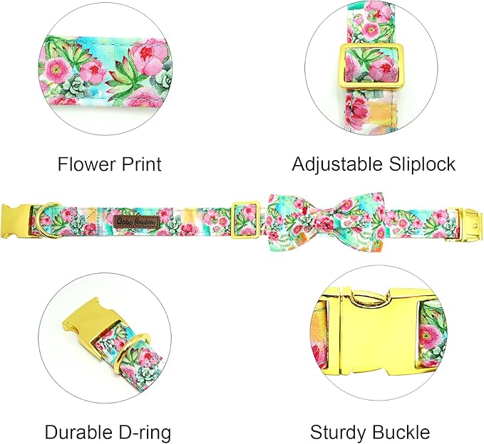 Dog Collar Cute Flowers Print Pet Collar Soft Dog Collar with Bow Adjustable Metal Buckle Collar Gift Collar for Medium Dogs