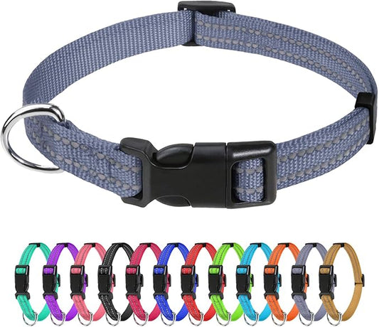 TagME Reflective Nylon Dog Collars, Adjustable Classic Pet Collar with Quick Release Buckle for Puppy, Grey, 3/8" Width