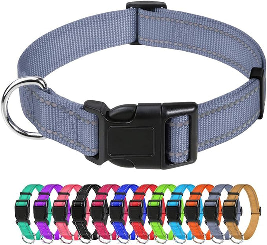 TagME Reflective Nylon Dog Collars, Adjustable Classic Pet Collar with Quick Release Buckle for Medium Dogs, Grey, 1.0" Width