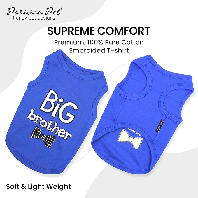Parisian Pet Dog T-Shirt with Embroidered ' Big Brother ' Words - 100% Cotton, Sleeveless Pet Vest - Machine Washable Blue Dog Shirt for Large Dogs, 3XL