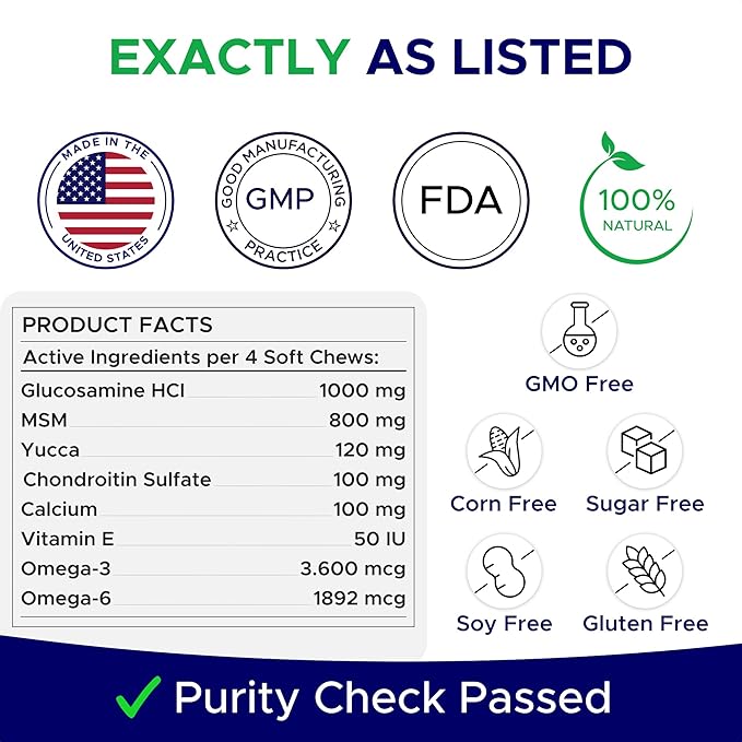 Glucosamine for Dogs Hip & Joint Supplement - Chondroitin, Omega-3, MSM - Joint Health & Pain Relief - Senior & Large Dogs - Made in USA - 180 Mobility Chews