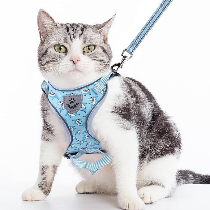 PUPTECK Cat Harness and Leash Set Escape Proof Reflective Cat Walking Harness Adjustable Soft Breathable Mesh Vest for Small Pets, Blue Sharks, S