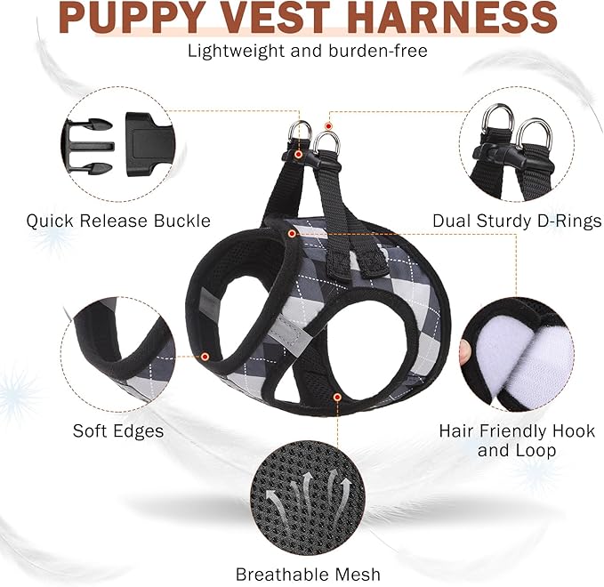 SCENEREAL Dog Harness Collar and Leash Set, Step-in No Pull Pet Vest Harnesses for Small Medium Dogs Puppy Cats, Soft Mesh No-Chock Reflective Vest Harness for Outdoor Walking Running, Black Plaid M