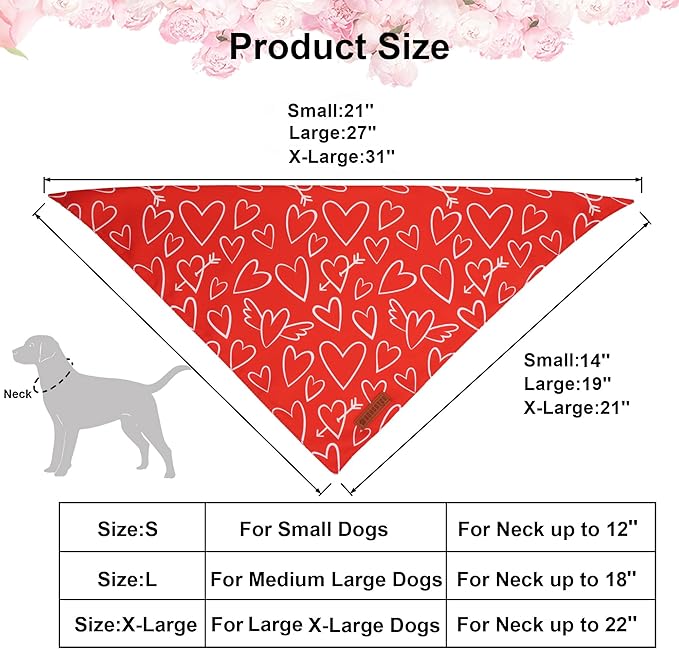 ADOGGYGO Valentine Dog Bandanas, Red Pink Heart Pet Scarf, Multi Size Offered, White Red Valentine Bandana for Medium Large Dogs (Large)