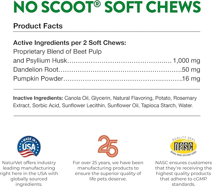 NaturVet - No Scoot for Dogs - 60 Soft Chews - Plus Pumpkin - Supports Healthy Anal Gland & Bowel Function - Enhanced with Beet Pulp & Psyllium Husk