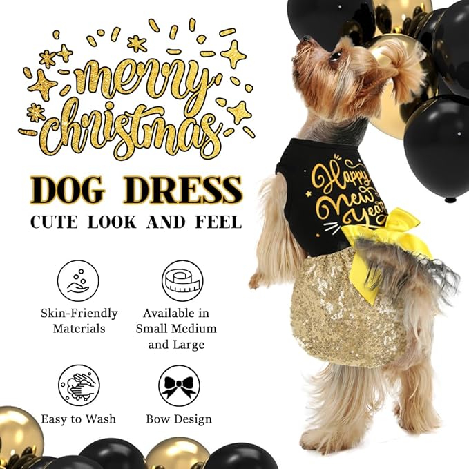 Happy New Year Dog Outfit, Dresses and Costumes for Small Large Dogs - Funny Puppy Dress With Bow, Holiday Costume for Halloween Christmas