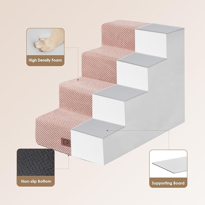 EHEYCIGA Dog Stairs for Bed 18”H, 4-Step Dog Steps for High Bed, Pet Steps for Small Dogs and Cats, Non-Slip Balanced Pet Ramp Indoor, Pink