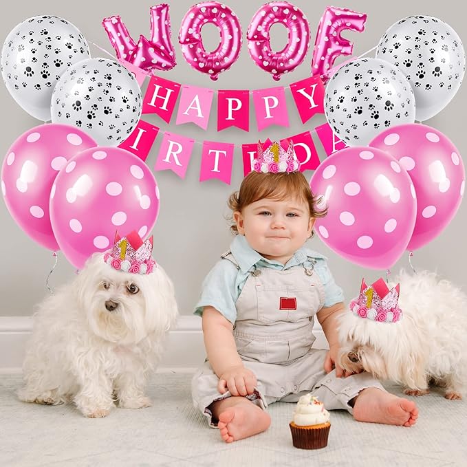 Maitys 13 Pcs Dog Birthday Party Supplies Cute Dog Girl Bandanas Set Pink Tutu Skirt Puppy Crown Hat Pearl Necklace Happy Birthday Banner 9 Pink Woof Paw Balloons Toy for Puppy Pet Cat