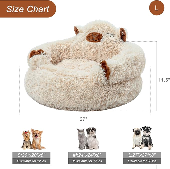 Jiupety Calming Dog and Cat Bed, Cozy Donut Cute Small Dog Beds, Anti Anxiety Round L(27" x 27" x 8") Size for Pets up to 28 lbs, Camel