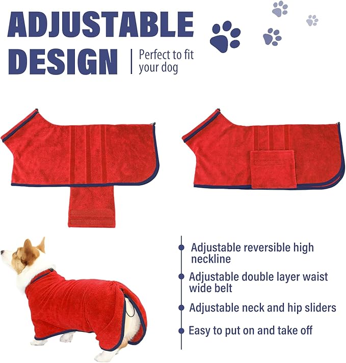 Dog Drying Coat - Fast Drying Dog Towel Robe - Microfiber Super Absorbent Pet Bathrobe, Adjustable Collar & Belly Strap Fast Drying Bath Robe Towel (Large, Red)