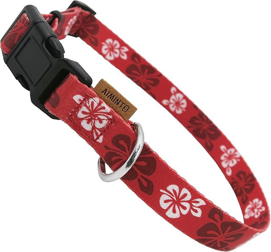 Dog Collar, Cute Floral Pattern, Soft and Adjustable Collar with Quick Release Buckle (S (Neck 11-18", Width 5/8"), Hawaiian Red)