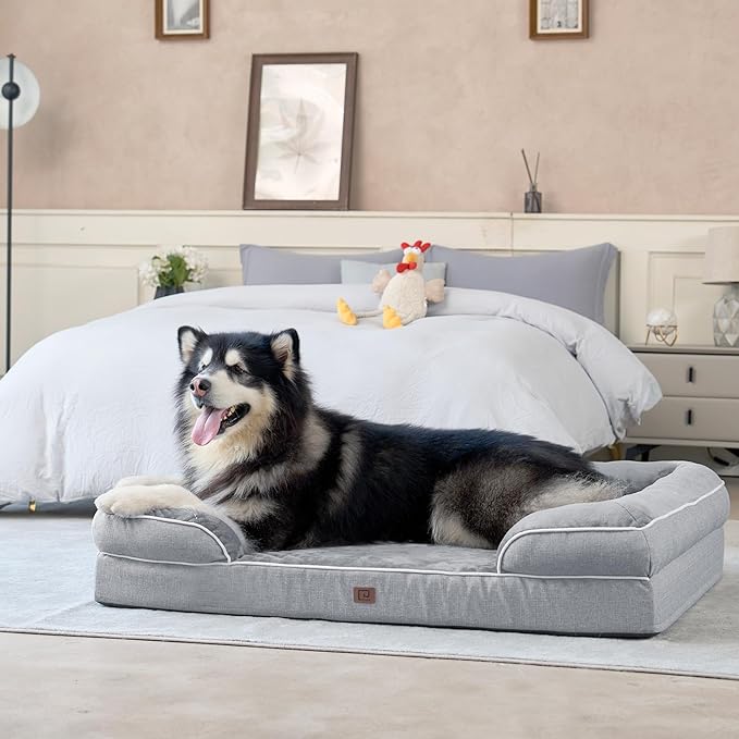 EHEYCIGA Orthopedic Dog Beds for Extra Large Dogs, Waterproof Memory Foam XXL Pet Bed with Sides, Non-Slip Bottom and Egg-Crate Foam Big Dog Couch Bed with Washable Removable Cover, Grey
