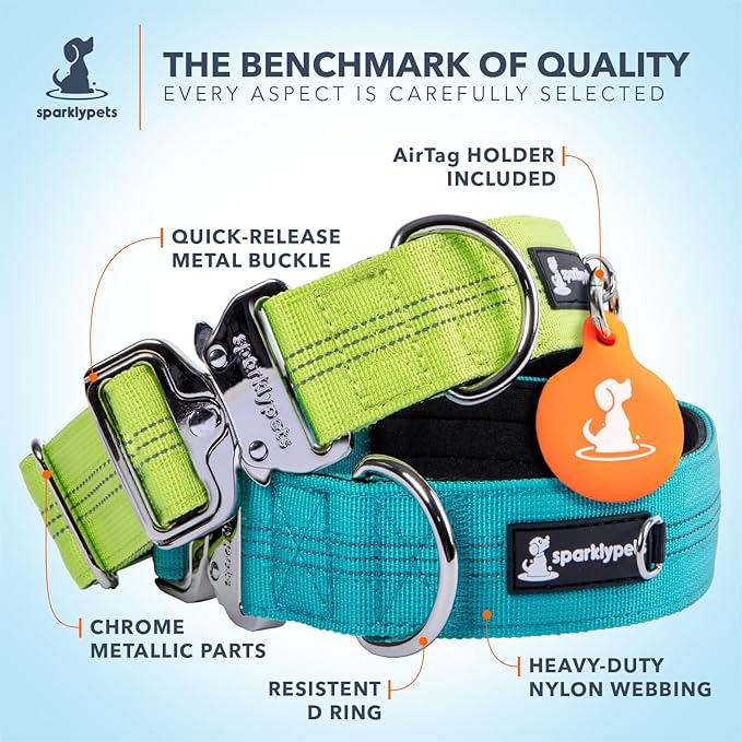 SparklyPets Heavy Duty Wide Dog Collar with Quick Release Chrome Buckle – Thick Tactical Dog Collar with Reflective Stripes & Soft Lining – for Large & Medium Breeds