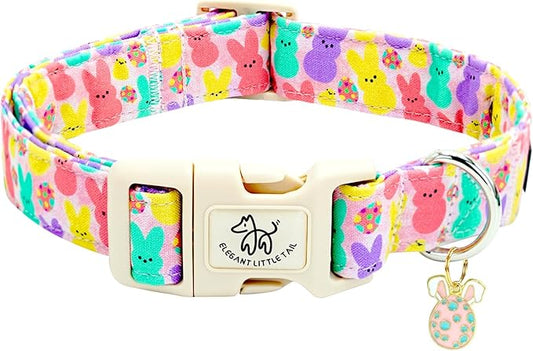 Elegant little tail Easter Dog Collar,Bunny Pattern Pet Collar Pink Durable Holiday Female or Male Adjustable Cotton Pet Collar with Quick Release Buckle for Large Dogs