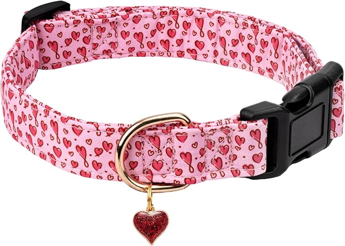 Cotton Dog Collar,Valentine's Day Soft and Cute Puppy Collars with Hearts Patterned Design for Girl Female Boy Dogs,Adjustable Buckle Pet Collar for Small Medium Large Dogs (Red Love Heart, S)