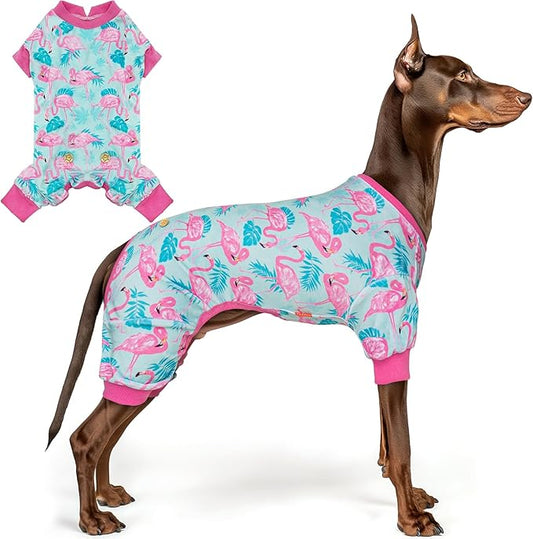 KYEESE Dog Pajamas Velvet Dog Pajamas Large Sized Dogs Soft Dogs Clothes Pjs with Flamingo Pattern Stretchy Pet Jammies Coat Comfy Pet Onesie Costume, 3X-Large