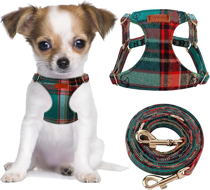 CHEDE No Pull Puppy Harness and Multifunction Dog Leash Set- 8 Colors Soft Adjustable No Choke Escape Proof Cute,Lightweight Pet Vest Harness for Small and Medium Dog (XS, Green Grid)