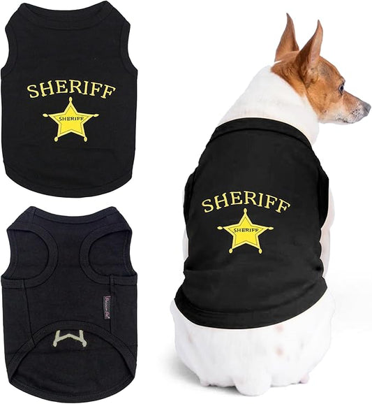 Parisian Pet Dog Tshirt - Embroidered “ Sheriff “ Dog Shirt - Lightweight and Skin Friendly Dog Clothes - Sleeveless Black Dog Tee Shirts - Machine Washable Dog Shirts for Medium Dogs - M
